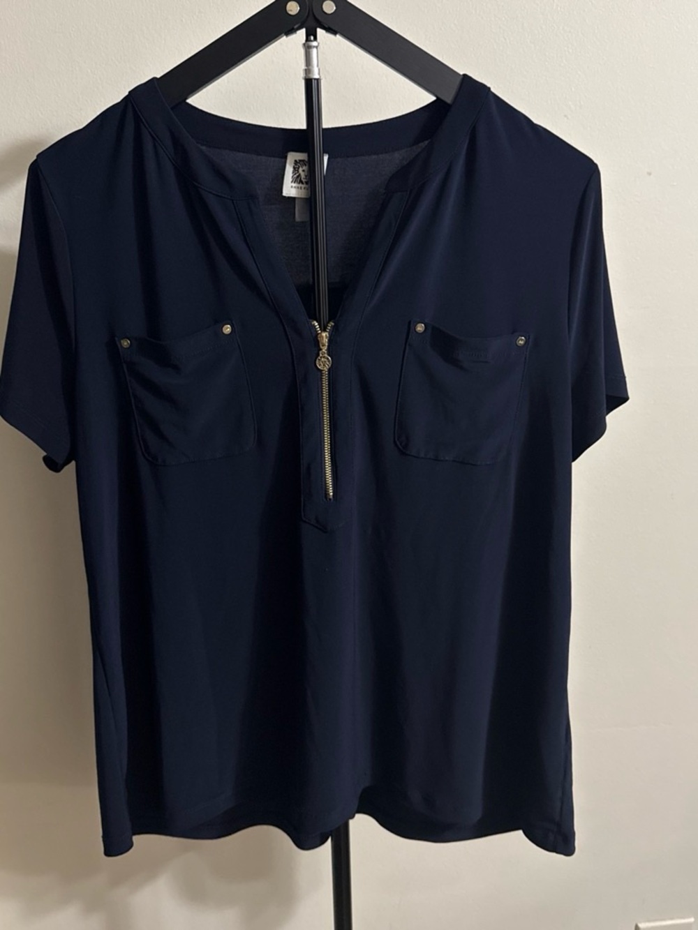 Anne Klein Navy Short Sleeve Zip Pocket Top